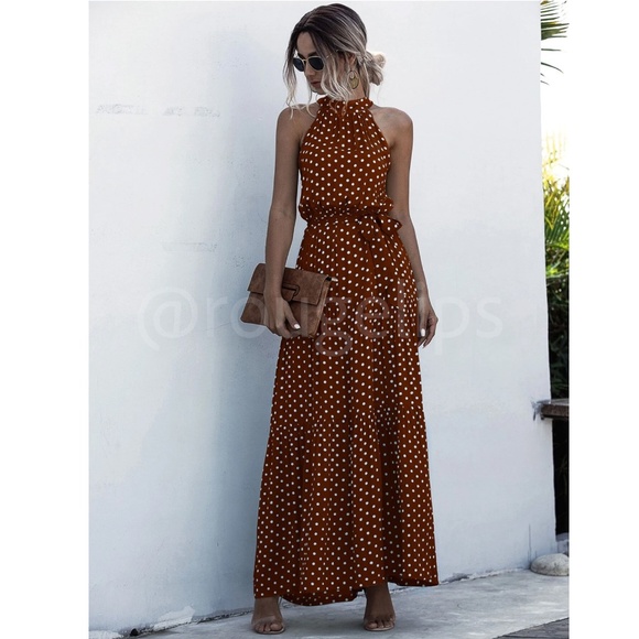 Polka Dot Brown Maxi Dress Tie Belt High Halter Neck - Picture 7 of 8